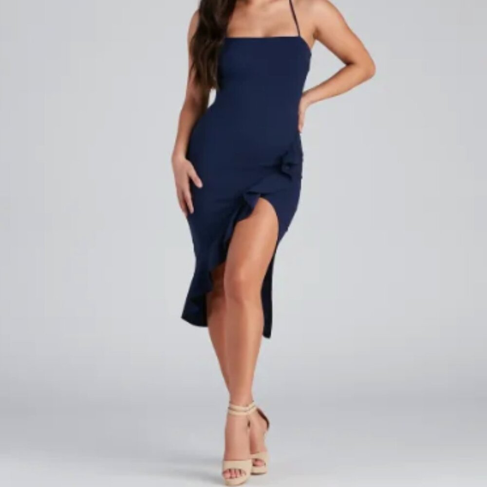 Windsor Add Some Flair Ruffle Detail Navy Midi Dress (Medium)